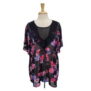 Torrid Womens 2 Sheer Floral Lace Blouse Black Butterfly Chiffon Boho Top